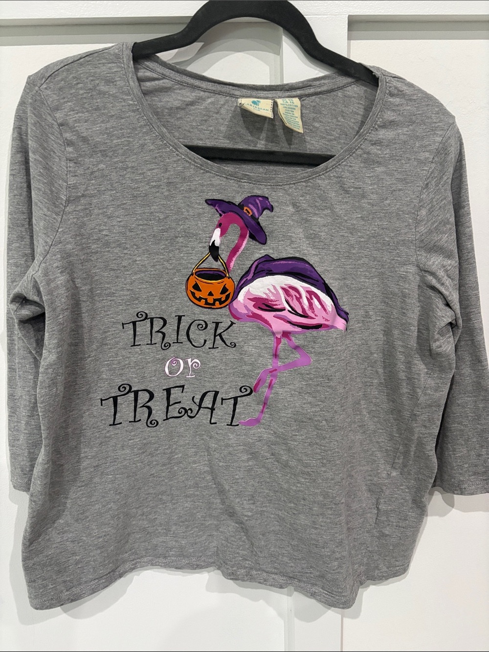 Caribbean Joe Gray Halloween Flamingo Tee with Purple Accents